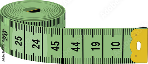 Green measuring tape with centimeter markings and yellow metal tip, vector tool illustration for tailoring, construction, and precision measurement