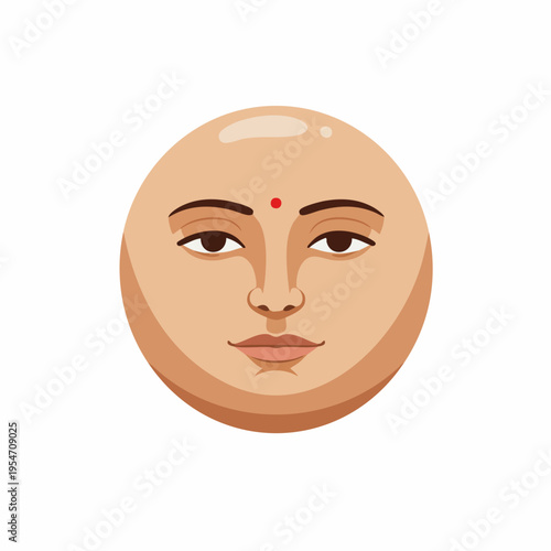 Cartoonish Detailed Moon Face with Red Bindi Dot Spiritual Illustration