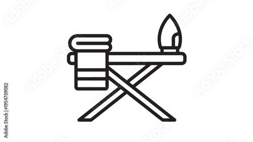 Ironing board icon with folded clothes and an iron, clean lines representing laundry care and home chores simplicity.