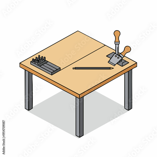Isometric Detailed Workbench with Tools and Instrument for Woodworking Carpentry
