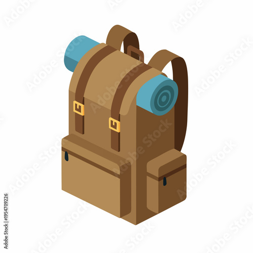 Isometric Detailed Backpack Rucksack Gear Luggage Bag Adventure Equipment Illustration