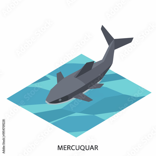 Isometric Lowpoly Great White Shark in Blue Ocean Scene Illustration