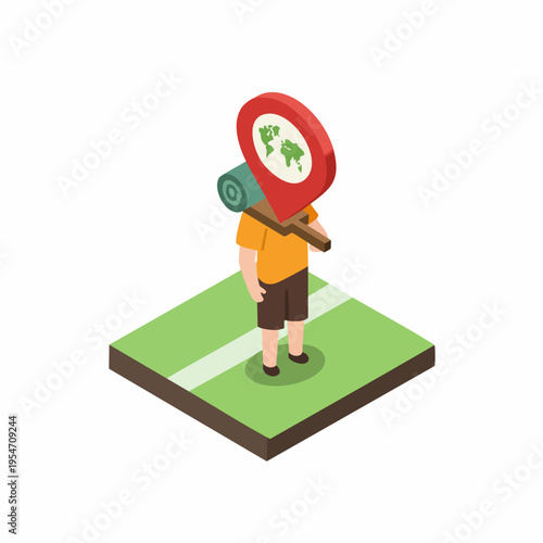 Isometric Detailed Traveler with Location Pin and Backpack Adventure Illustration