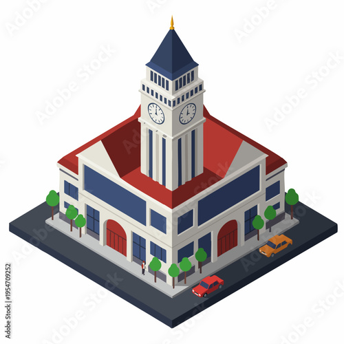 Isometric Detailed City Hall Building Architecture Structure and Clock Tower