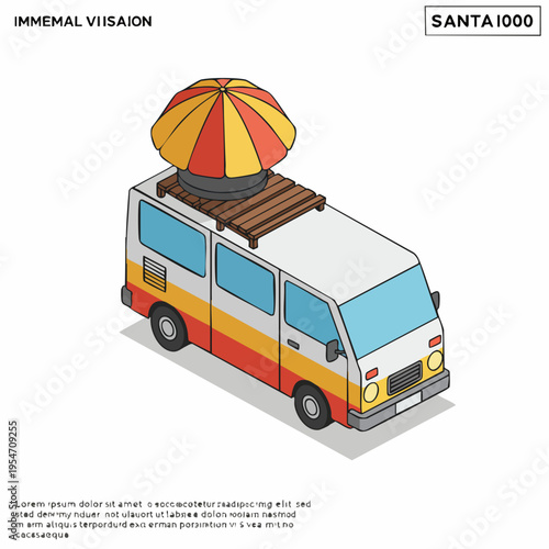 Isometric Detailed Recreational Van with Parasol Illustration Transport