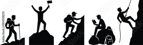 Flat vector illustration of mountain climbing silhouettes with hikers, flag on peak, rappelling, rock climbing, outdoor adventure, exploration, perseverance