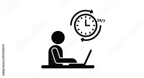 Black and white vector graphic illustration representing a person working online twenty four hours seven days a week