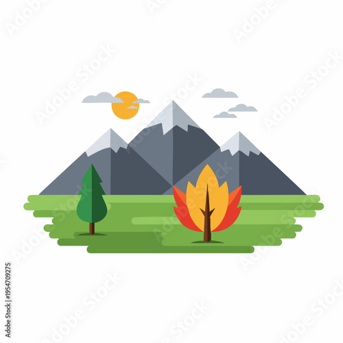 Flat Style Detailed Mountain Landscape with Tree and Sun Illustration
