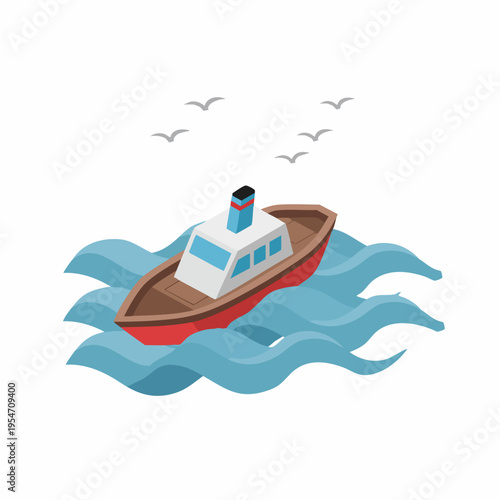 Isometric Detailed Small Boat on Water Ocean Transportation Illustration