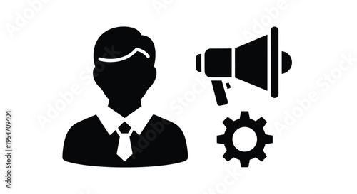 Black silhouette vector graphic representing a manager or executive executing promotion strategy with technical process support.