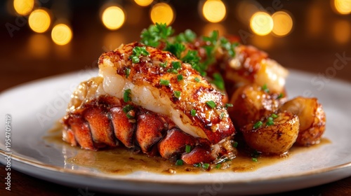 An exquisite lobster dish, beautifully plated with golden potatoes and garnished with fresh herbs, exemplifying luxury dining at its finest in an inviting restaurant atmosphere.