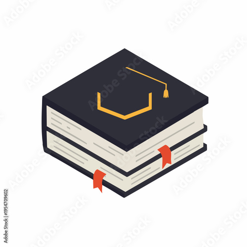 Isometric Detailed Education Book Stack with Graduation Cap Icon Illustration