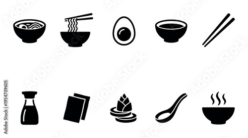 Collection of black silhouette icons representing ingredients and dishes common in Asian cuisine, including ramen, chopsticks, soy sauce, and bamboo shoots.