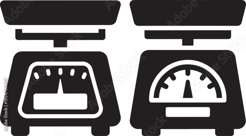 Two black silhouette icons of scales, one with a dial gauge and the other with a digital display, representing weighing or measurement concepts, Flat Design