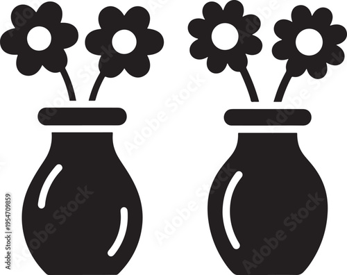 Two simple black silhouettes of vases with stylized flowers in a modern, minimalist graphic style on a white background, Graphic Resource