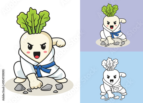 Vector illustration of Cute cartoon Turnip Karate. Happy cartoon vegetable character in flat style. Vegetable sport mascot, showing healthy lifestyle, fitness, wellnes, kids illustration.