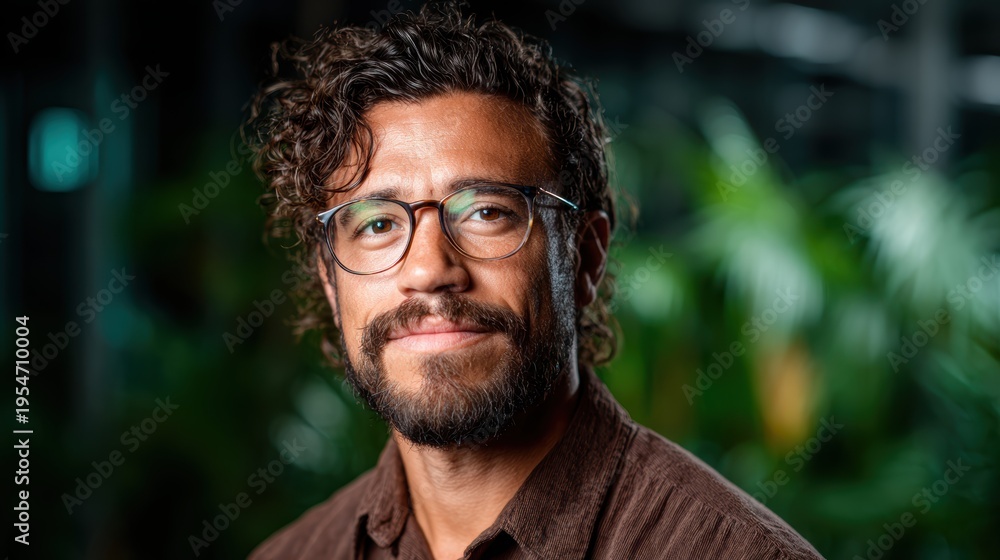 Fototapeta premium A close-up portrait of a man with curly hair wearing glasses, exuding confidence and warmth in a softly blurred outdoor background filled with greenery and natural light.
