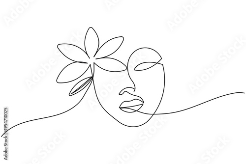 Abstract single line art of a beautiful woman face and floral elements on white background. Aesthetic hand drawn vector sketch for beauty and fashion branding.
