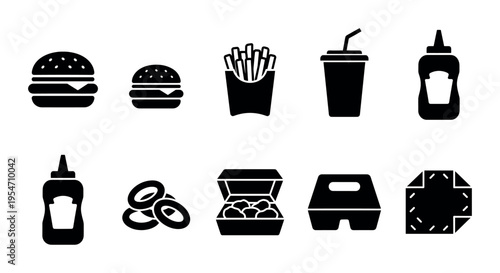 Collection of black silhouette icons representing various fast food items including burgers, fries, drinks, and condiments on a white background.