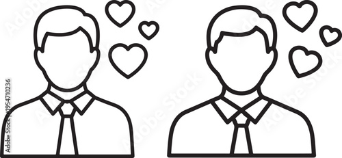 Man icon with hearts, black and white illustration representing love, affection, romance, or emotional connection for men, Flat Design