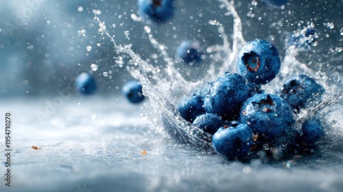 A dynamic shot of fresh blueberries splashing beautifully in clear water, capturing the vibrant colors, freshness, and liveliness of the berries in an artistic display.
