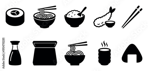 A collection of black icons representing popular Japanese food items like sushi, ramen, rice, tempura, soy sauce, and onigiri, suitable for menus or online ordering.