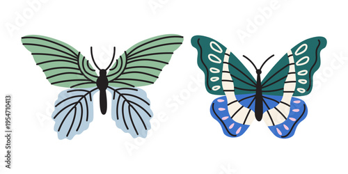 Whimsical butterflies with patterned wings. Spring garden insects for labels, stickers, kids design and scrapbooking. Vector illustration in cartoon vintage style