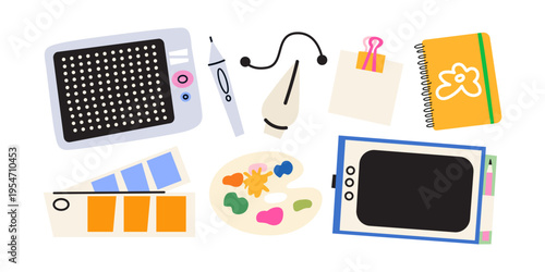 Modern digital artist tools set with graphics tablet, stylus, color palette and notebook. Graphic designer or digital illustrator concept