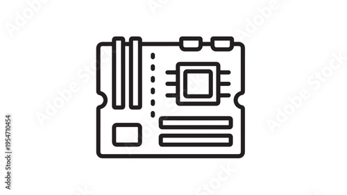 Motherboard icon with CPU, RAM slots, and connectors, symbolizing computer hardware and technology. featuring processor, memory, circuit with board