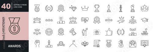 Awards icon set. containing badges, trophies, certificates, and more. Editable stroke. Vector illustration