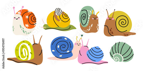 Collection of cute snails with various shell patterns and colors. Funny snail characters in cartoon doodle style. Flat vector illustration of garden mollusks for stickers, scrapbook, badges