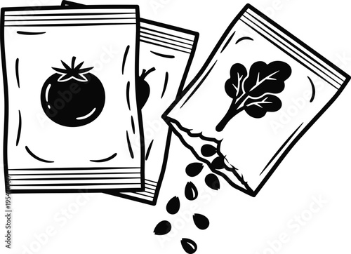 Vector illustration of seed packets featuring tomato and leafy vegetable designs, gardening supplies, planting tools, and agricultural icons.t