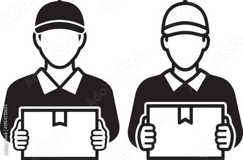 Delivery man icons with package, black and white vector illustrations representing shipping, logistics, or service personnel, Flat Design