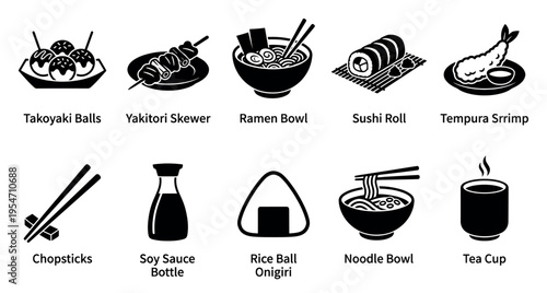 A clean, black and white graphic collection of popular Japanese food items and dining elements presented in a simple, modern icon style.