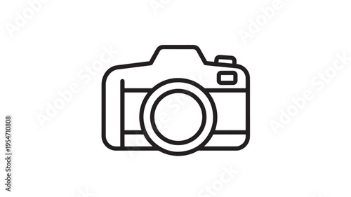 Camera simple outline icon with lens and flash, isolated on white background with clean lines featuring photo, photography, symbol with equipment and