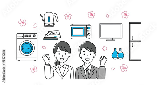 Happy young couple celebrating new home appliances purchase with joyful fists raised high vector graphic illustration