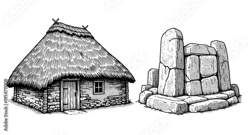 Ancient Hut and Stone Structure Illustration