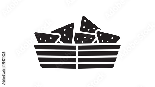 Chips tortilla in a basket with dots representing seasoning, a simple icon in black featuring corn, snack, food with illustration and modern elements