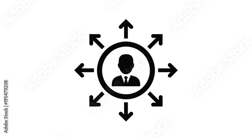 Professional person icon with arrows representing distribution, outreach, and multi-directional communication vector illustration.