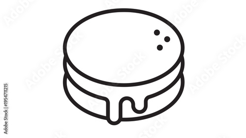 Pancakes stacked with dripping syrup and three blueberries on top, isolated black and white line art icon.