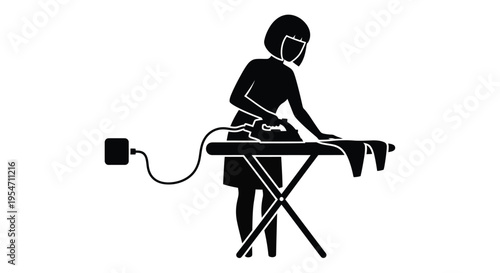 Female character ironing clothes on a board with an iron, representing domestic chores vector illustration graphic design