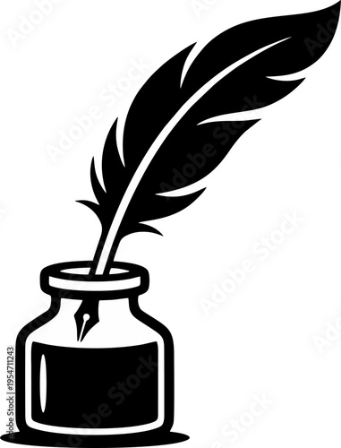 Classic Quill Pen and Inkwell Bottle Silhouette Vector Illustration