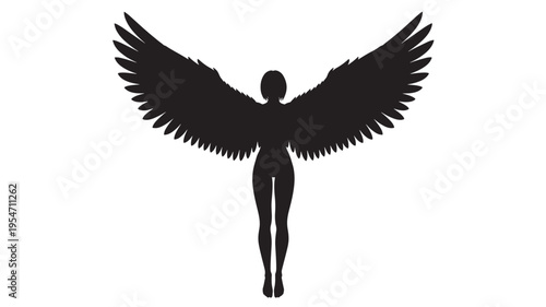 Angel silhouette with spread wings and human body standing isolated against a white background, representing fantasy and freedom