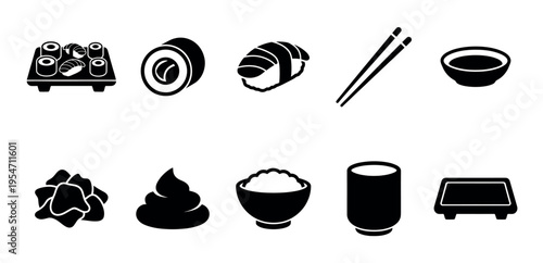 Collection of black and white silhouette icons representing various Japanese sushi and food items, perfect for culinary or cultural designs.