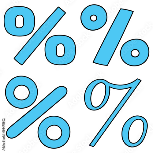 Hand-drawn cartoon set of blue percent signs on a white background.