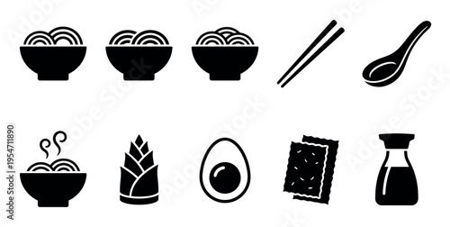 Set of black and white vector icons representing elements of Asian cuisine including bowls of noodles, chopsticks, spoon, egg, bamboo shoots, and sauce bottle.