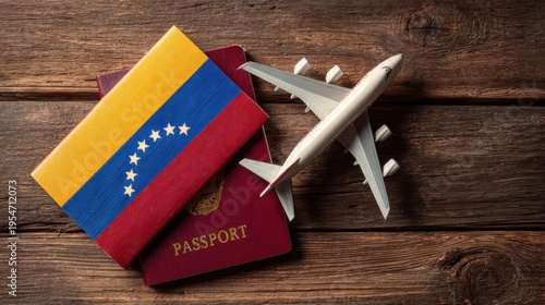 Passport and airplane model on wooden table represent travel and adventure for citizens of Venezuela