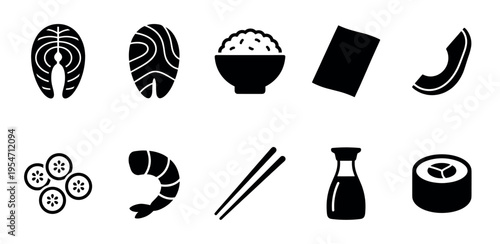 A collection of simple black vector icons representing ingredients and items for Japanese cuisine, including salmon, rice, nori, shrimp, and sushi.
