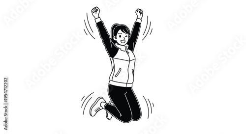 Energetic female athlete wearing a tracksuit jumps high celebrating a successful training session or victory