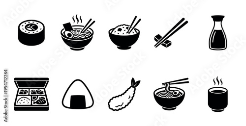 A collection of black and white vector icons representing various popular Japanese foods including sushi, ramen, and tempura.